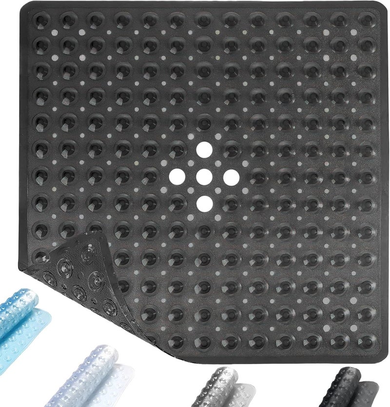 ADO Shower Mat Non Slip, 21x21 inch Square Shower Mats for Inside Shower, Anti-Slip Safety Bathroom Mat with Strong Secure Suction Cups and Drain Holes, Machine Washable (Black) - Image 1